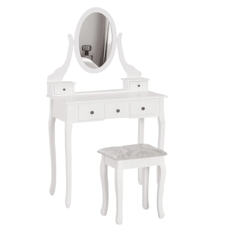 HOMCOM Tocador + Taburete y Espejo Mesa Maquillaje 5 Cajones Mesa MDF Estilo Colonial (Blanco)