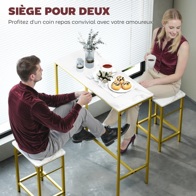 HOMCOM Ensemble table de bar avec tabourets table à manger debout avec 2 chaises pieds en acier 100 x 40 x 107 cm doré
