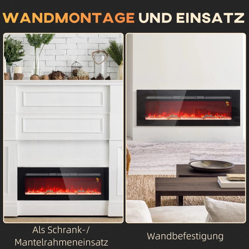 HOMCOM Elektrische Haard met Wandmontage en Afstandsbediening, Kunstmatige Houtblokken en Kristallen, 1800W Vermogen, Zwart(m-8)
