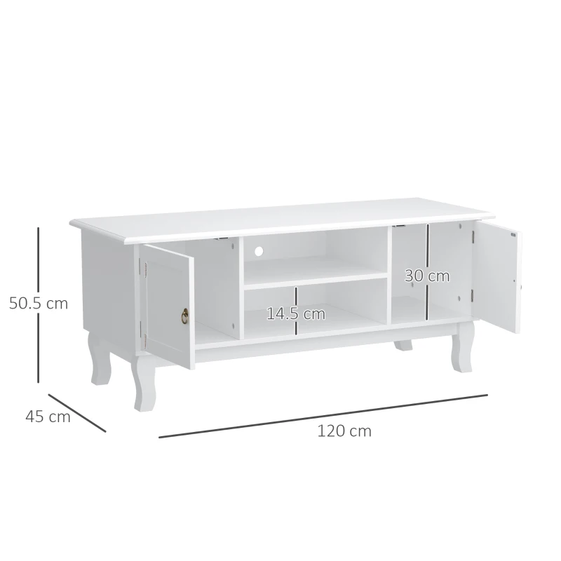 HOMCOM TV Unit up to 55", 2 Doors TV Cabinet with Open Storage Shelves and Cable Management for Living Room, Bedroom, Entertainment Room, 120L x 45W x 50.5H, White