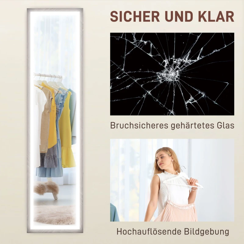 HOMCOM LED full-length spiegel, 40 x 160 cm, touch-bediening, dimbaar, 3 kleuren, Grijs