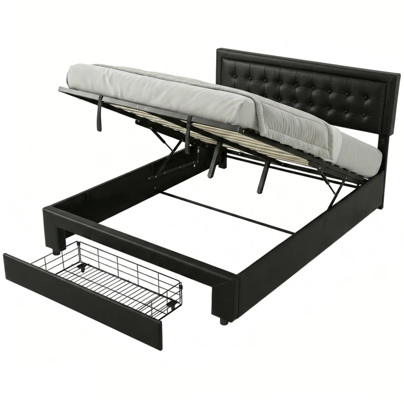 HOMCOM PU Leather King Size Ottoman Bed Frame, with Front Drawer - Black