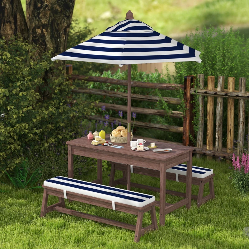 AIYAPLAY Outdoor Wooden Kids Picnic Table & Bench Set with Cushions and Umbrella, for Patio, Garden, Navy Blue