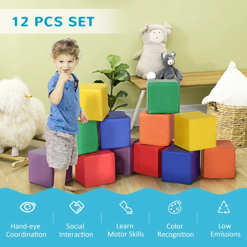 HOMCOM 12 PCs Soft Play Blocks, Soft Foam Toy, Building and Stacking Blocks for Kids, Red