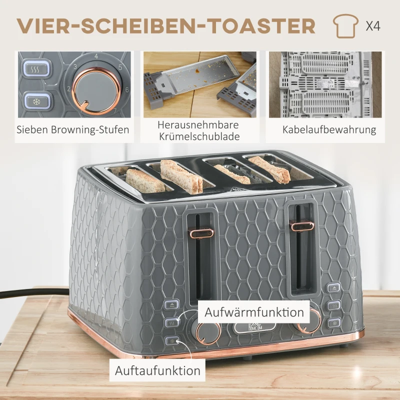 HOMCOM 2-in-1 Keuken Set, Toaster en Waterkoker, meerdere opties, 1,7 L, 4 Toastscheiben tegelijk, Kunststof, Grijs