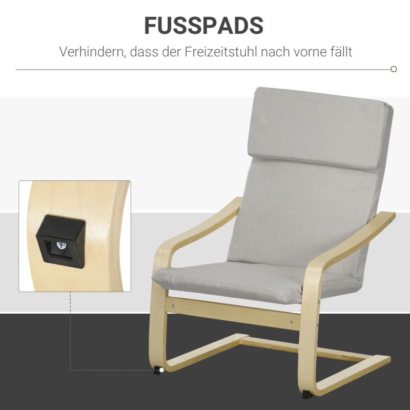 HOMCOM Loungestoel met Voetenbank, Bekleding in Linnenlook, Houten Frame, tot 120 kg, Lichtgrijs/Natuur