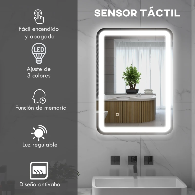 HOMCOM Espejo de Baño con Luces LED 50x70 cm Espejo de Pared Antivaho con 3 Temperaturas de Color Regulable Función de Memoria