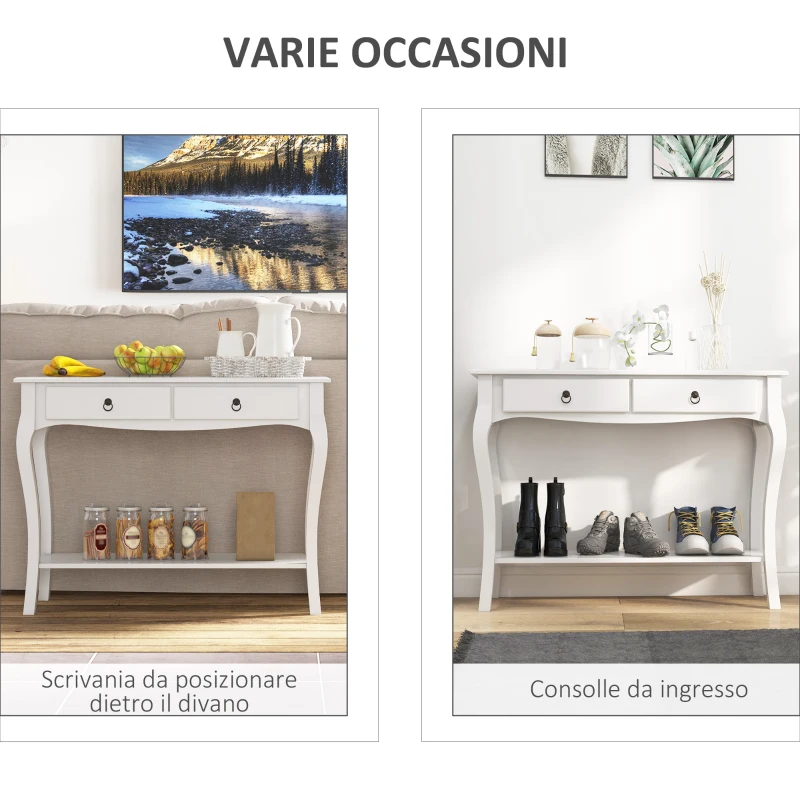 HOMCOM Mobiletto Tavolo Consolle da Ingresso Moderno con 2 Cassetti Casa Legno, per Soggiorno, Camera da Letto e Ingresso, 100x33x75cm, Bianco