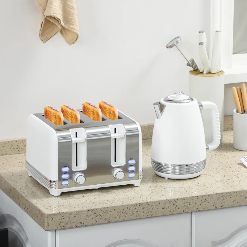 HOMCOM Ensemble bouilloire et grille-pain, bouilloire en acier inoxydable 1,7 L et 2200 W et grille-pain à 4 tranches, blanc