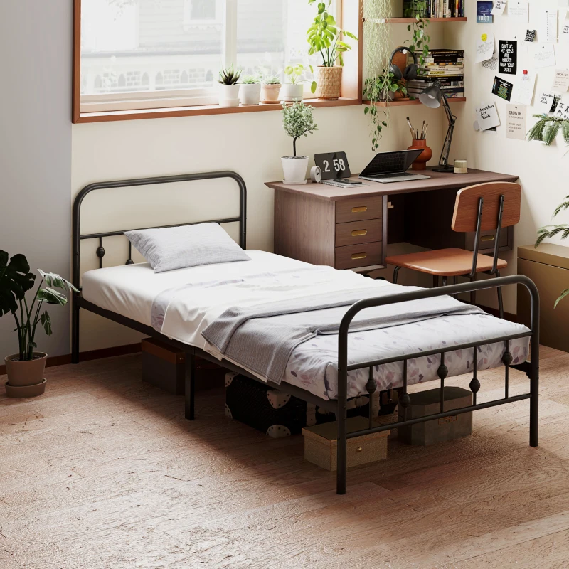 HOMCOM Metalen eenpersoonsbedframe, Eenvoudige Montage, met Geluidsreducerende Rubberen Kits, Zwart