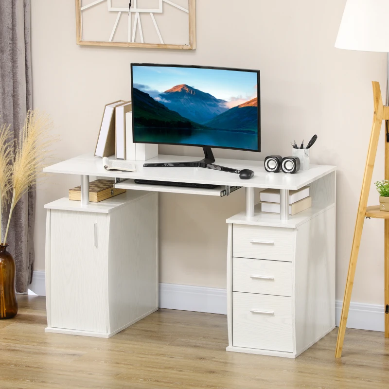 HOMCOM Bureau d'ordinateur, bureau informatique 120 x 55 cm avec plateau pour clavier, 3 tiroirs, pour chambre, domicile, blanc