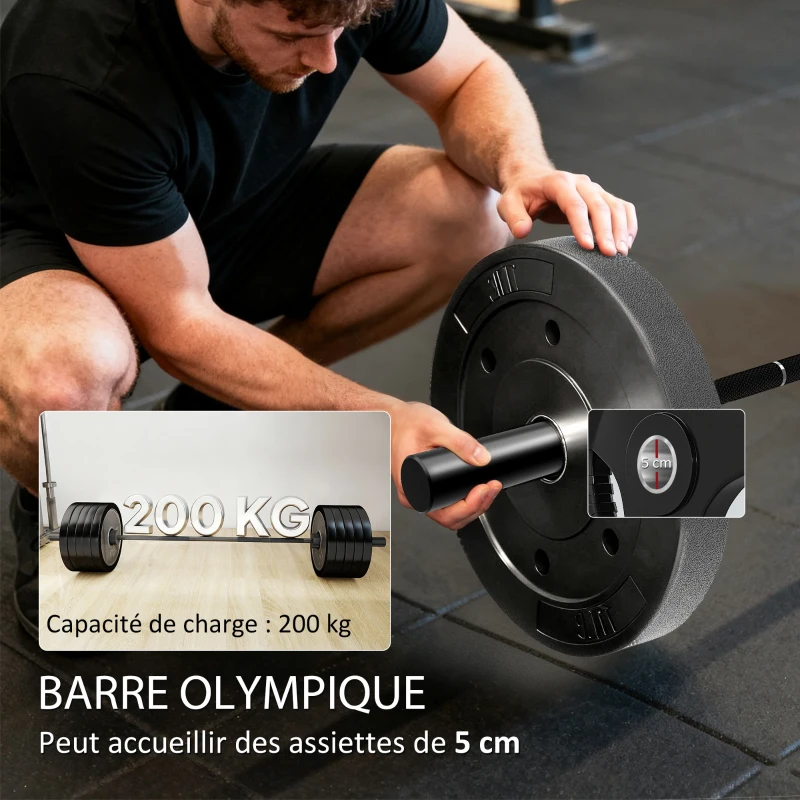 SPORTNOW Barre Olympique de 50 mm en Acier Finition Mate avec Prise Moletée et Manchons Longs, Charge 200 kg, Ø5 x 180 cm, Noir