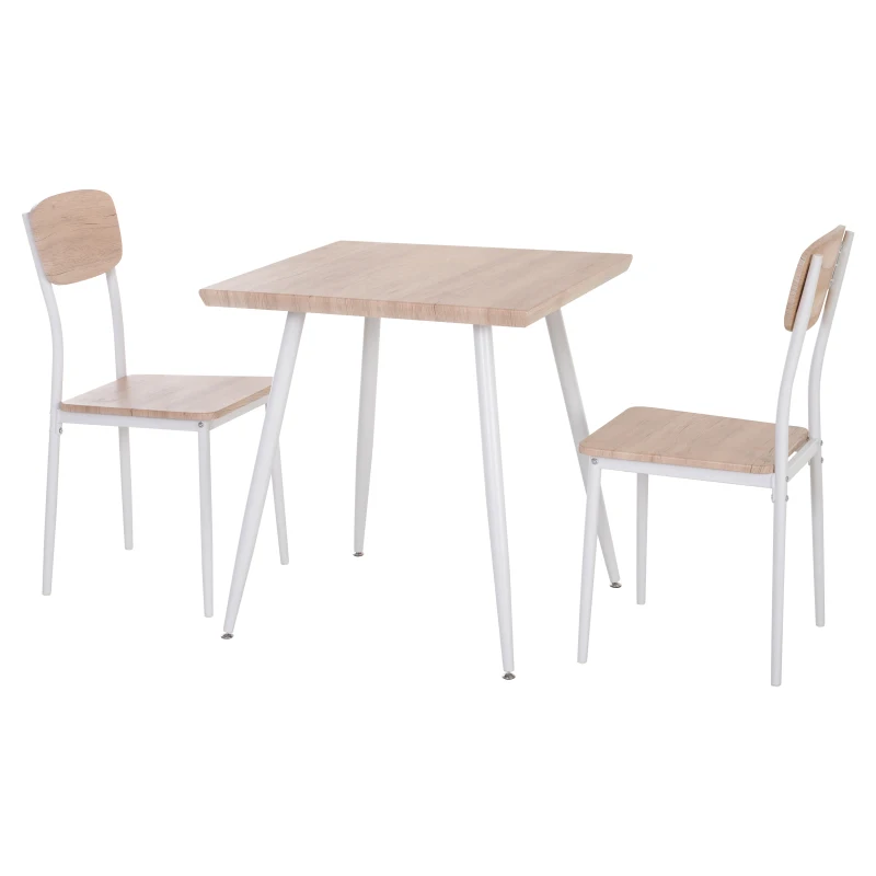 HOMCOM 3-delige eetset zitgroep eettafelset houten tafel MDF + metaal natuurlijke houtnerf + wit met 1 tafel + 2 stoelen | Aosom.de