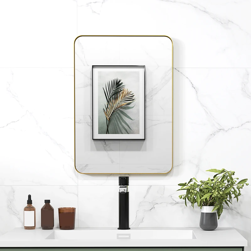 HOMCOM Miroir murale miroir salle de bain rectangulaire avec cadre en alliage d'aluminium or pour chambre, salon 50 x 70 cm