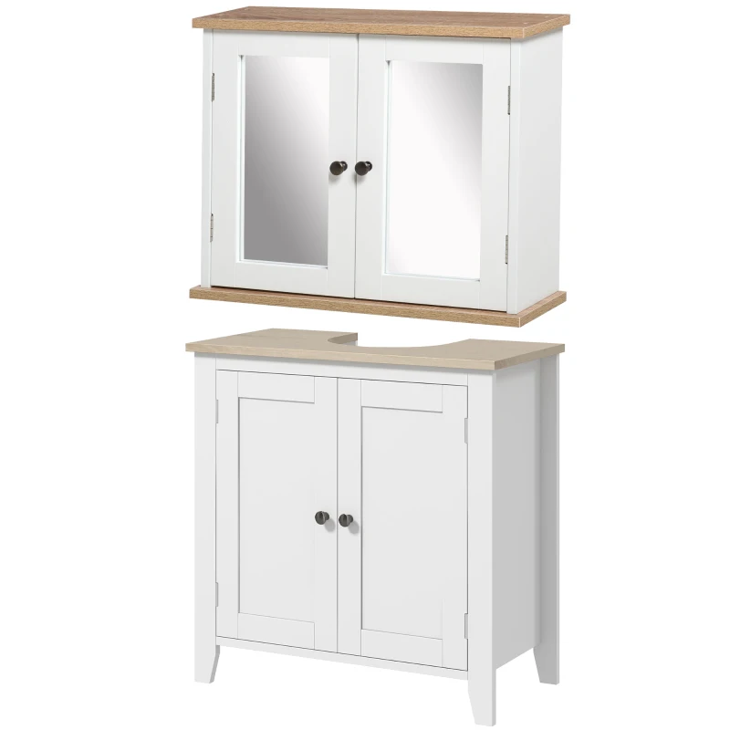kleankin Bathroom Furniture Set, Mirror Cabinet Wall Mounted with Adjustable Shelf, Bathroom Sink Cabinet with Storage, White and Wood Grain