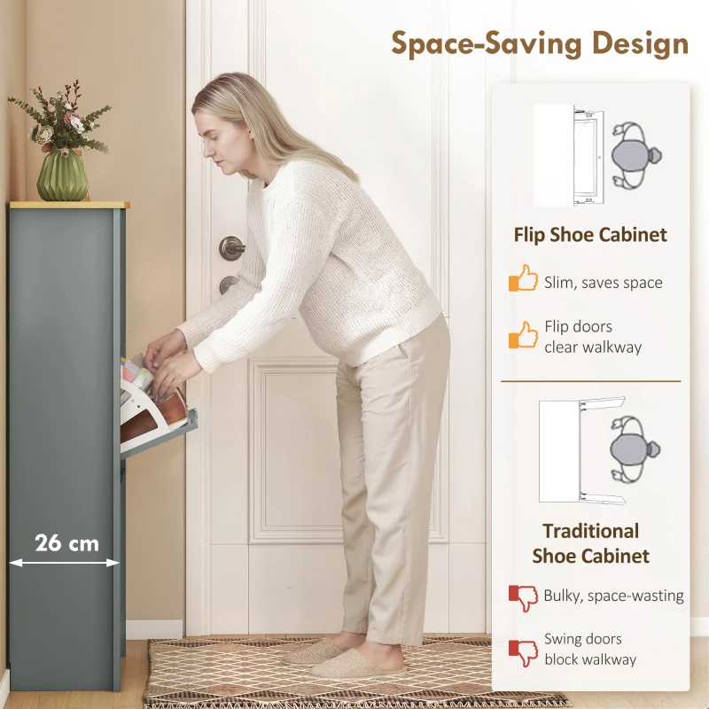 HOMCOM Slim Shoe Cabinet, Narrow Shoe Cupboard with 3 Flip Drawers, Adjustable Shelves for 18 Pairs of Shoes, Light Grey