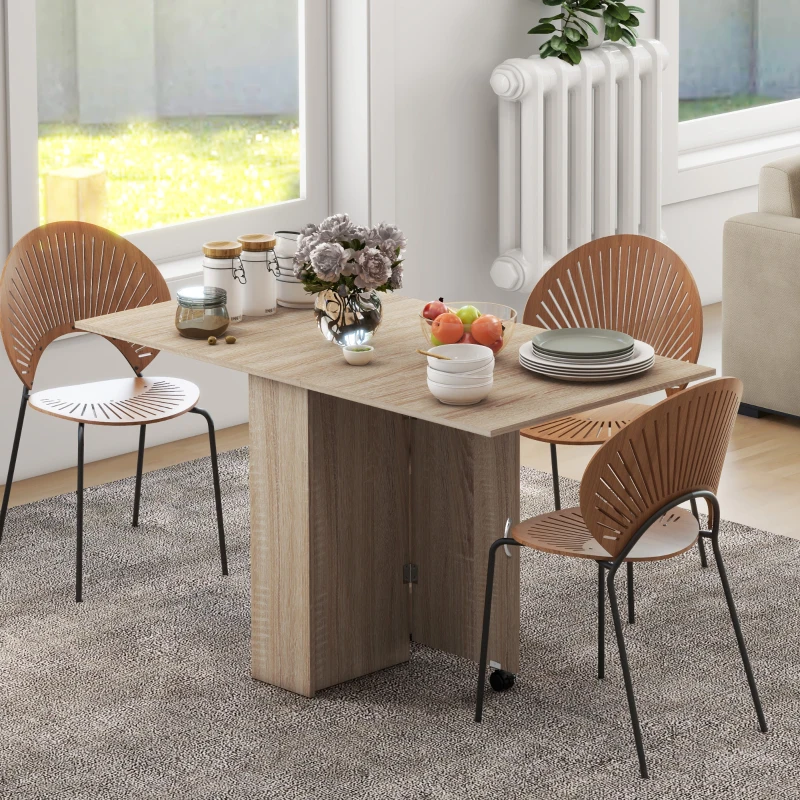 HOMCOM 80-140 cm Folding Dining Table for 4-6 People, Drop Leaf Table with 2-Tier Shelves, Rolling Casters, for Small Spaces, Kitchen, Flat, Dining Room, Natural
