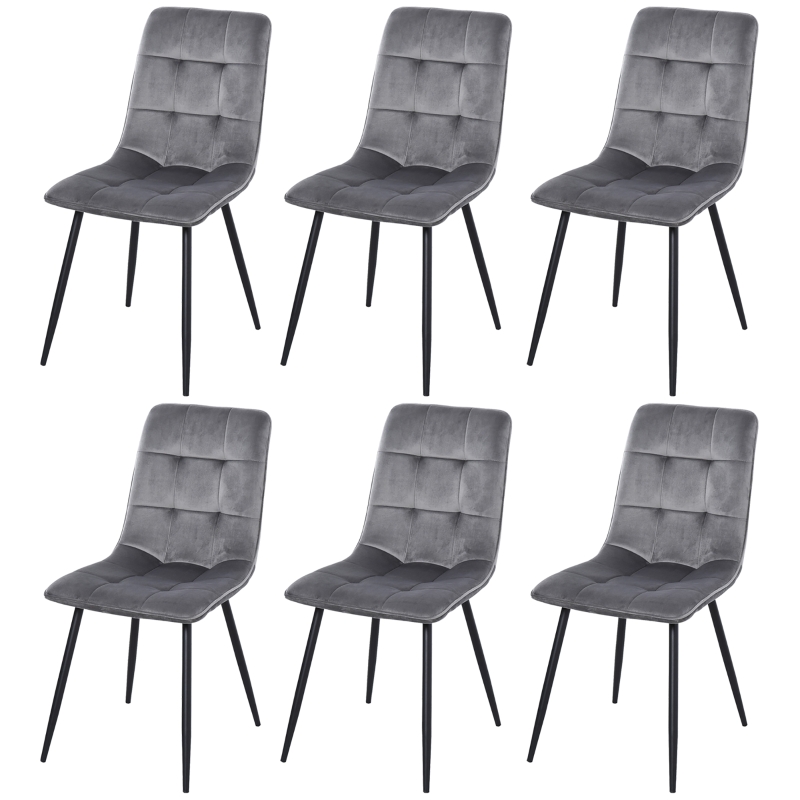 HOMCOM 6er-Set Esszimmerstuhl Polsterstuhl Küchenstuhl mit Samt-Optik Esstisch Samt Metall Grau+Schwarz 45 x 63 x 90 cm