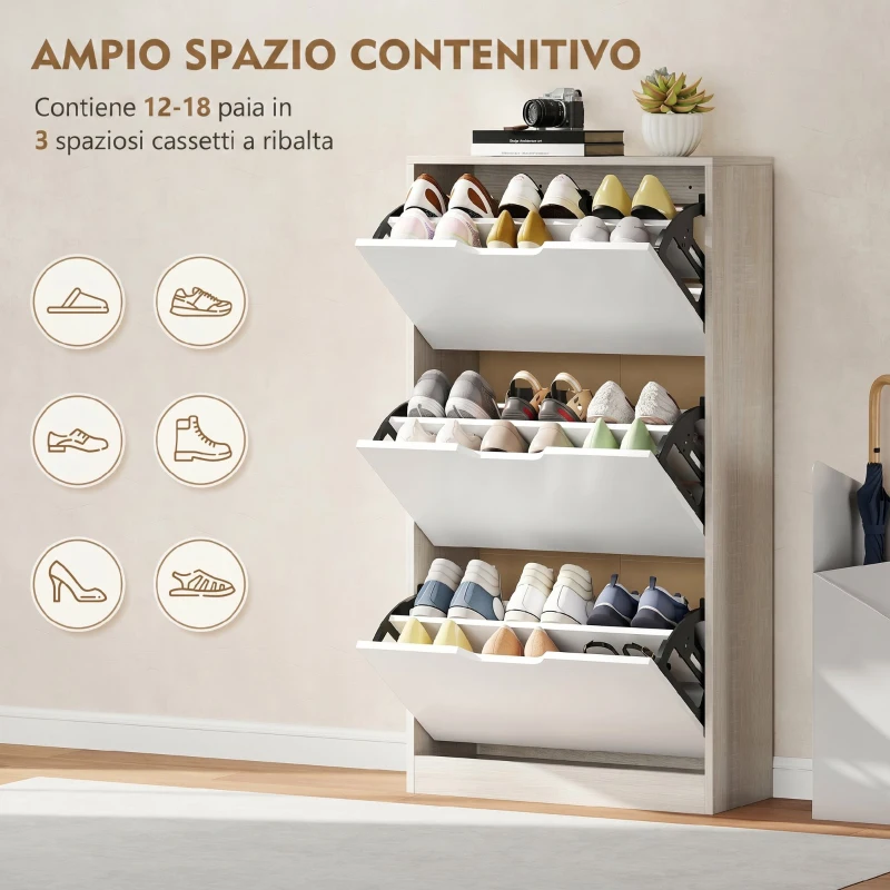 HOMCOM Scarpiera Salvaspazio Slim a 3 Cassetti per 18 Paia di Scarpe 62.5x26x117.5 cm, color Legno e Bianco