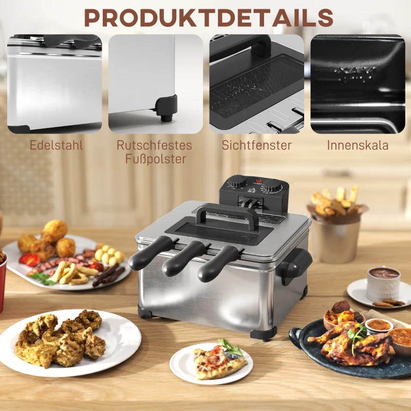 HOMCOM Friteuse met 5 L Oliecapaciteit, Timer, Kijkvenster, 2000W Vermogen, Zilverkleurig