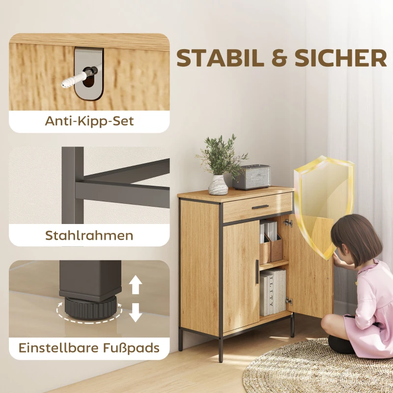 HOMCOM Badkamerkast, tweelagige planken, grote lade, industrieel design, eikenlook