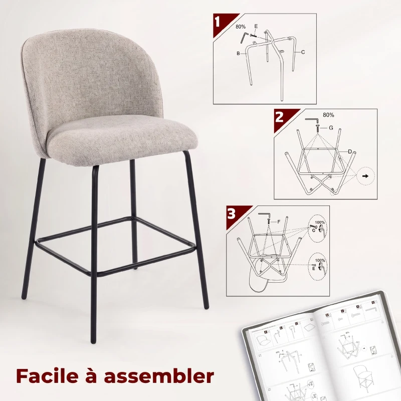 HOMCOM Lot de 2 Tabourets de Bar, Chaises de Bar, Repose-Pieds et Dossier, Tissu Effet Lin, Hauteur d'Assise 68cm, Gris Clair