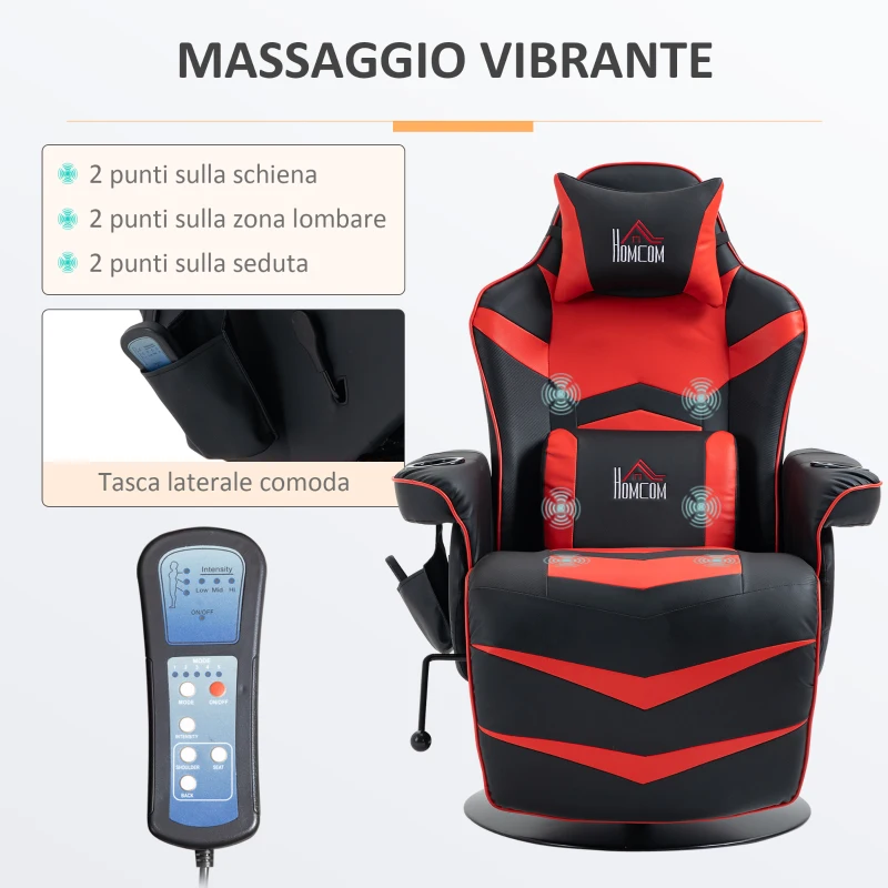 HOMCOM Sedia da Gaming Massaggiante con Poggiapiedi e Cuscino, in Finta Pelle, 78x80x111.5 cm, Nero e Rosso