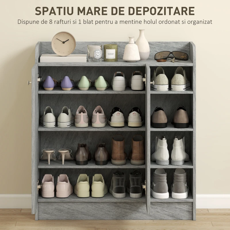 HOMCOM Dulap Modern pentru Pantofi din Lemn cu 4 Rafturi Deschise și Dulap pentru 12 Perechi, 83x30x90 cm, Gri Ciment