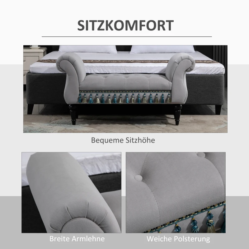 HOMCOM luxe zitbank, gestoffeerde bank, krukje, polyester, populierenhout, rubber, schuimstof, grijs, 117 x 40 x 58 cm
