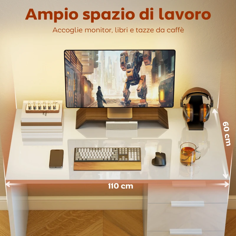 HOMCOM Scrivania Salvaspazio Tavolo Computer 4 Cassetti 110x61.5x75 cm Bianco