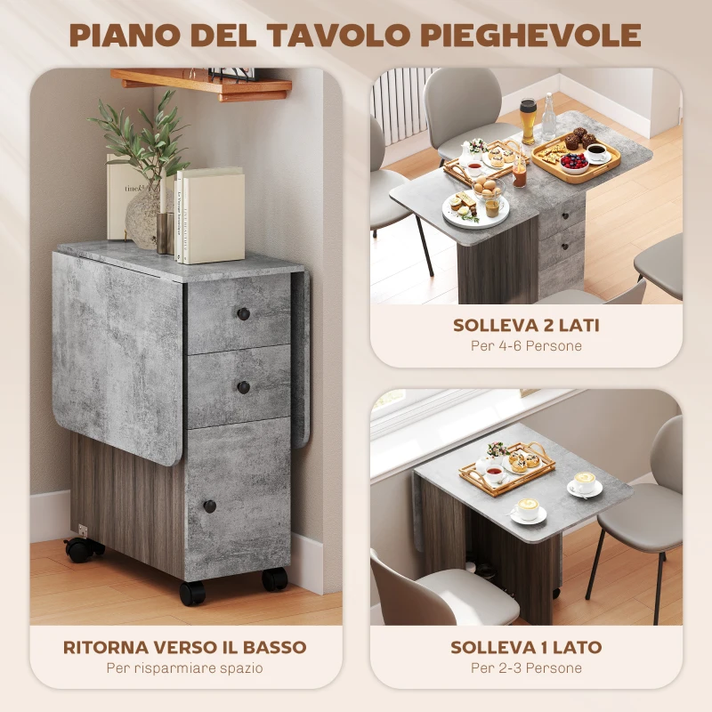 HOMCOM Tavolo Pieghevole con 2 Cassetti e Armadietto, 6 Rotelle e Freni, 120x60x76.5 cm, Grigio Legno e Roccia