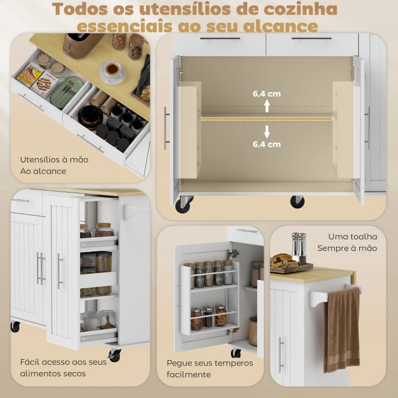HOMCOM Ilha de Cozinha com Rodas Bancada Dobrável 2 Portas com Fecho Suave e Bandeja Extraível  129x65x91 cm Branco