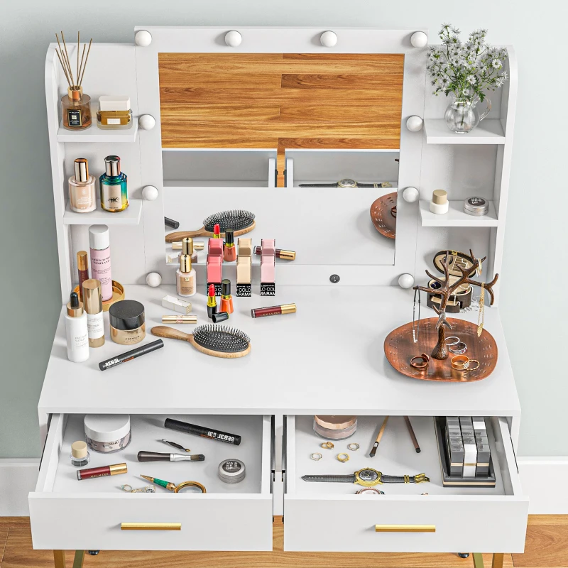 HOMCOM Dressing Table Set, with Storage and Stool - White
