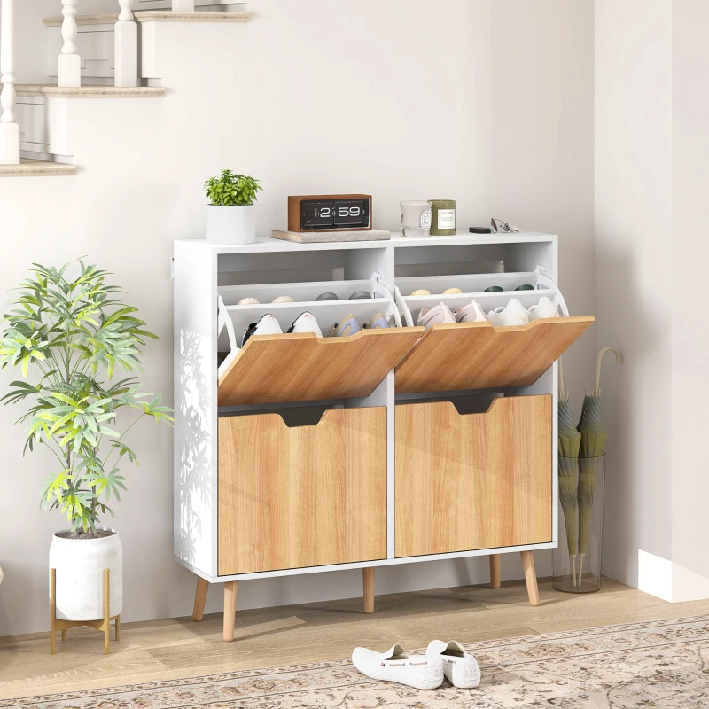 HOMCOM Sapateira para 16 Pares de Sapatos com 4 Gavetas e Prateleiras Ajustáveis 95x26x95 cm Branco e Madeira