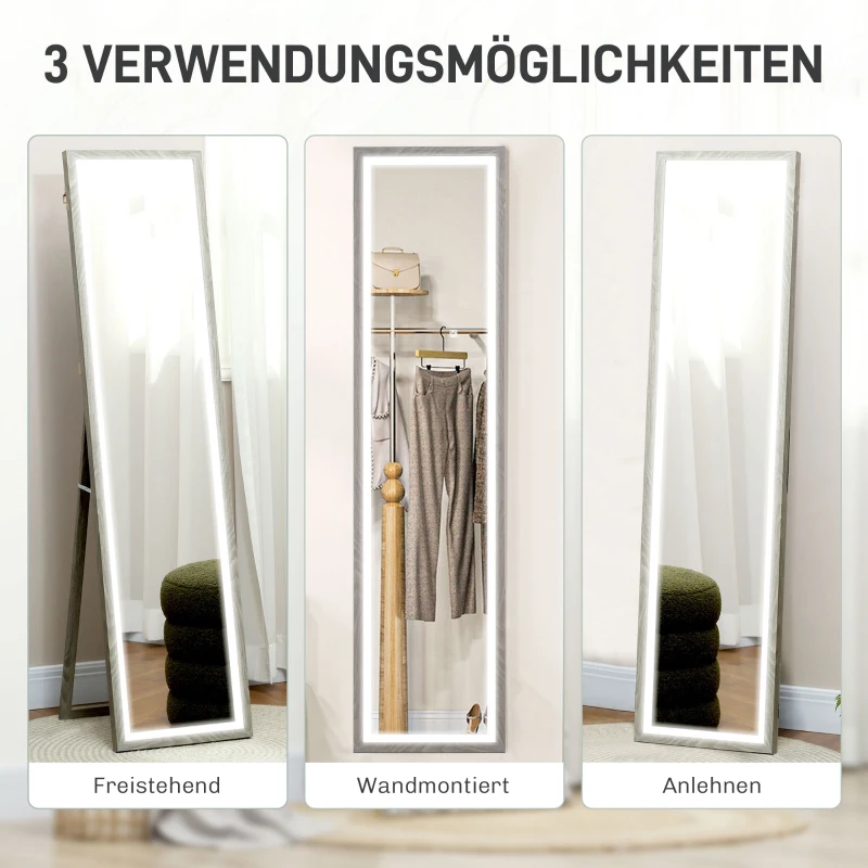 HOMCOM LED full-length spiegel, 40 x 160 cm, touch-bediening, dimbaar, 3 kleuren, Grijs