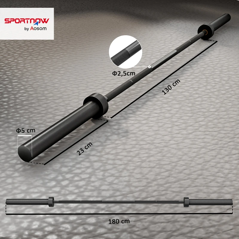 SPORTNOW Barre Olympique de 50 mm en Acier Finition Mate avec Prise Moletée et Manchons Longs, Charge 200 kg, Ø5 x 180 cm, Noir