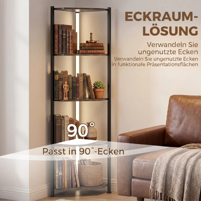 HOMCOM Boekenkast 5-laags Hoekkast met LED-verlichting voor woonkamer, slaapkamer, kantoor, Rustiek bruin