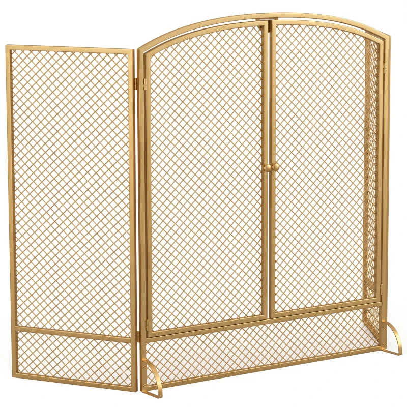 HOMCOM Grille de protection pour cheminée pliable 3 pièces avec portes doubles, grille métallique résistante à la chaleur, couleur dorée