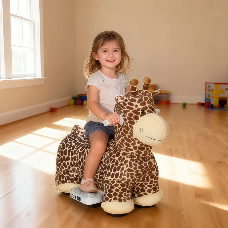 AIYAPLAY Giraffe om op te rijden, rijdend rijpaard in giraffevorm, op batterijen, wasbare bekleding, pedalen, stille wielen, muziek, 1,5-5 jaar, bruin