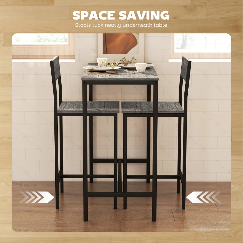 HOMCOM 3-Piece Bar Table Set with 2 Stools, Industrial Breakfast Bar Set with Footrest, Backrest for Dining Room, Small Space