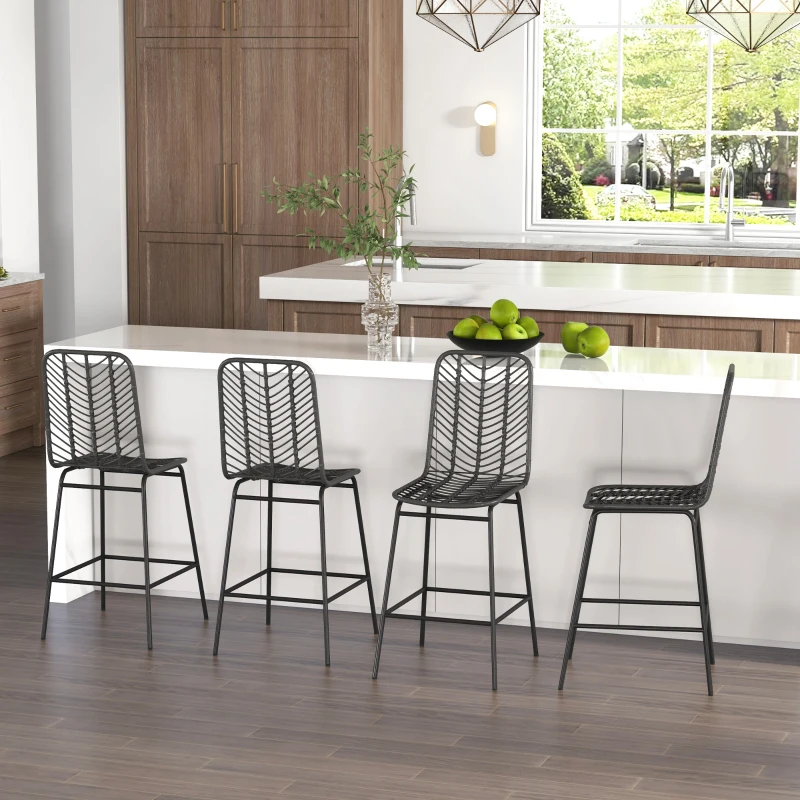 HOMCOM Lot de 4 tabourets de bar design bohème hauteur 66 cm avec repose-pieds métal et rotin PE - noir