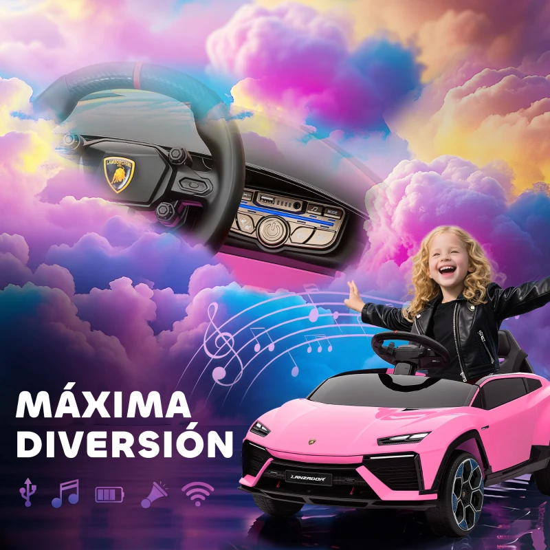 AIYAPLAY Coche Eléctrico para Niños de +3 Años con licencia Lamborghini Batería 12V Mando a Distancia 2,4 G Motor Doble Rosa