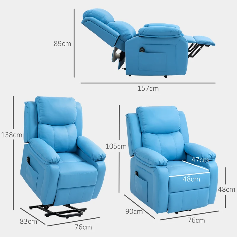 HOMCOM Fotoliu Electric Reclinabil cu Funcție de Ridicare, Suport pentru Picioare și Telecomandă, din Piele PU, 76x90x105 cm, Albastru