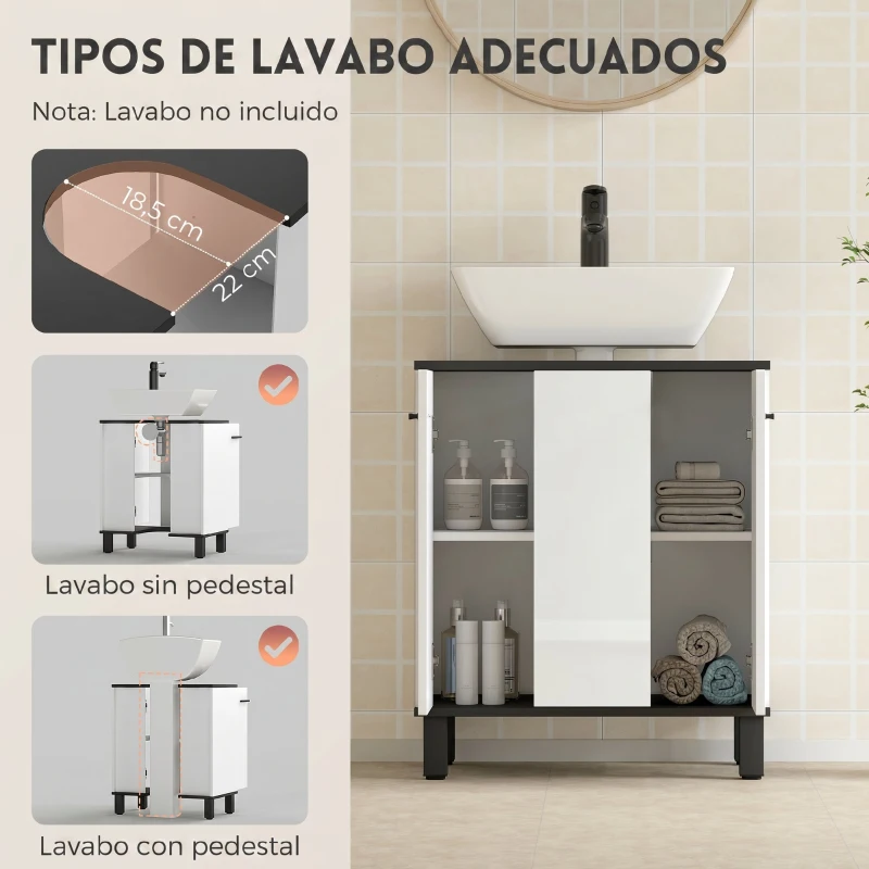 HOMCOM Mueble Bajo Lavabo con 2 Puertas y Estante Ajustable para Lavabo con o sin Pedestal 60x34x70 cm Blanco Brillo