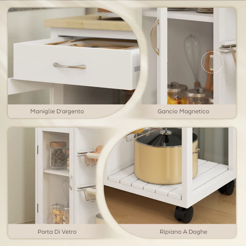 HOMCOM Carrello da Cucina in Bambù con 2 Cassetti, Armadietto, Ripiano e 2 Cestini in Acciaio, 67x35x80 cm, Bianco