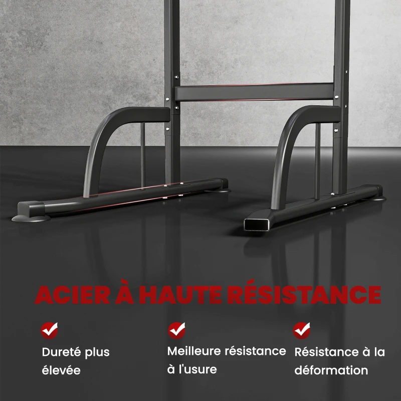 HOMCOM Power Tower Dip Station, Barre de traction, Barre de dips, Hauteur Réglable, Poignées en Forme U, 98x102x180-212cm, Noir