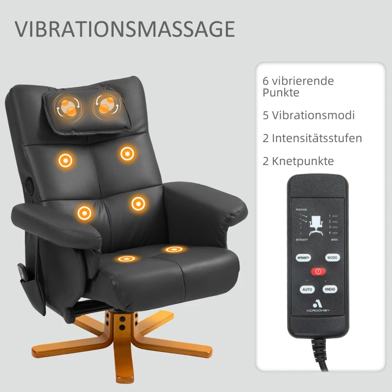 HOMCOM Relaxfauteuil met voetenbank, 360° draaibare loungestoel met kneed- en vibratiemassage, ligfunctie, massagestoel met USB- en USB-C-aansluitingen, zijvak, kunstleer zwart