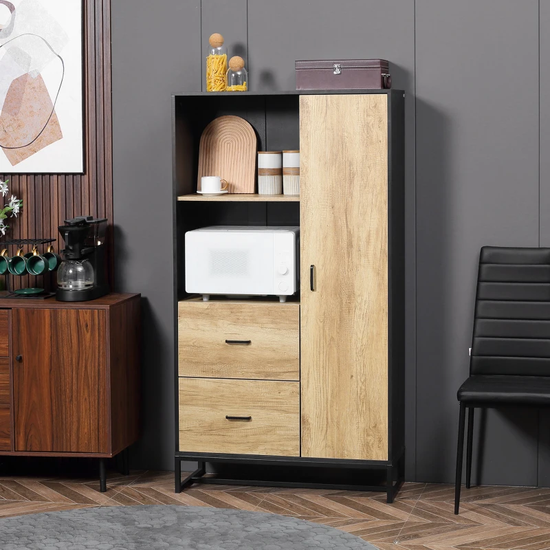 HOMCOM Credenza Moderna da Cucina con 2 Cassetti, 2 Ripiani e un Armadietto, 88x35x160 cm, Legno e Nero