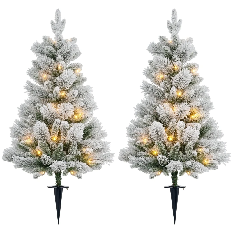 HOMCOM LED-Verlichte Kerstboom, Set van 2, 90 cm, Dennenappels, Rode Bessen, Brandveilig, Groen/Wit