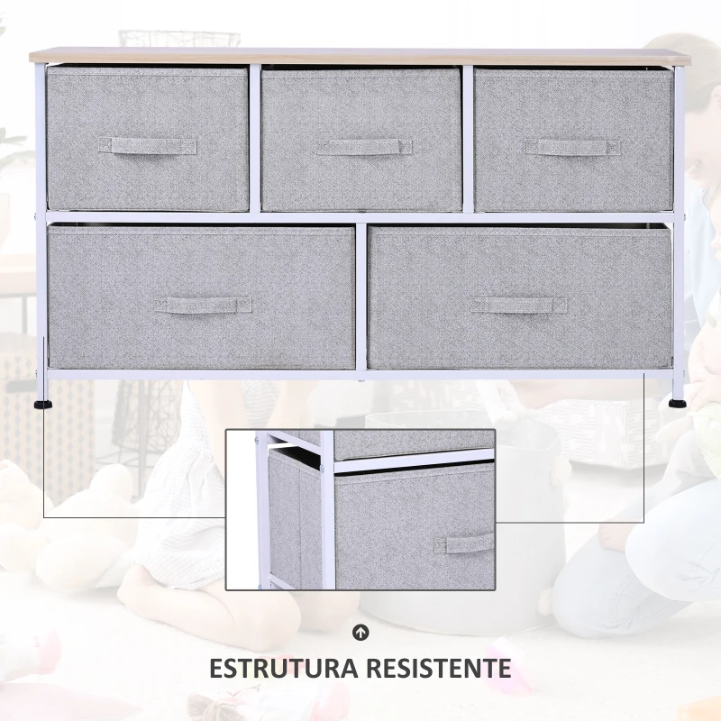 HOMCOM Cómoda com 5 Gavetas de Tecido Cómoda para Quarto Estrutura Metálica 100x30x54 cm Cinzento